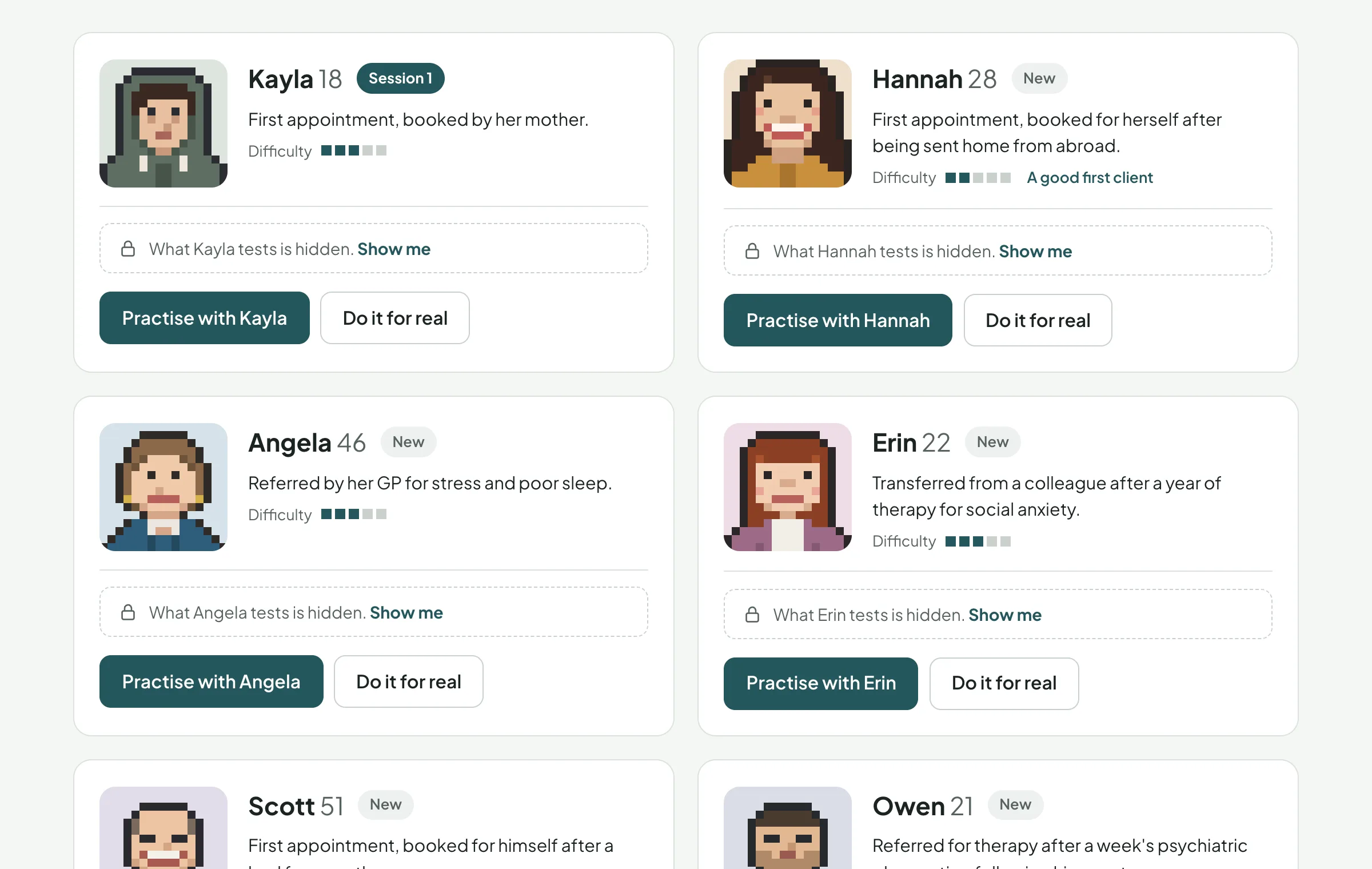 The clients to choose from, each with a pixel portrait and a difficulty rating
